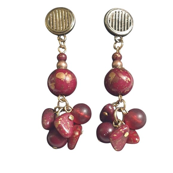 Handmade Vintage Beaded Dangle Earrings Gold Maroon Painted Women Costume Boho - Picture 2 of 3